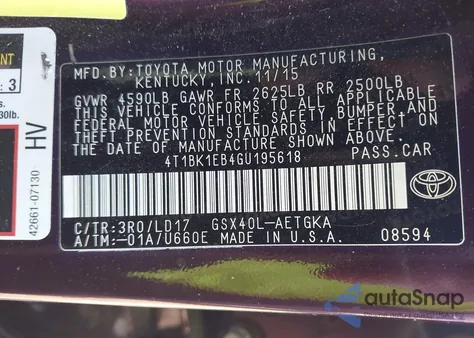 2016 Toyota Avalon Xle из США, поврежденный, VIN 4T1BK1EB4GU195618